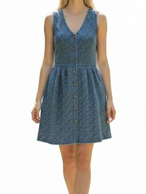 Vintage Floral Denim Button-Front Dress